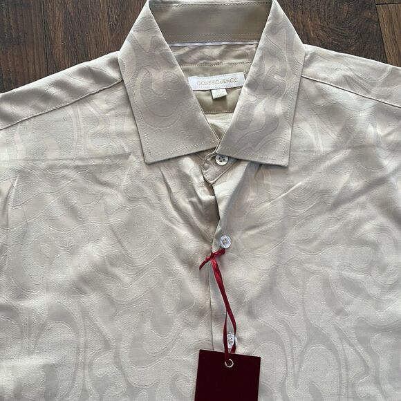 CONSEQUENCE MENS BUTTON DOWN SHIRT MEDIUM JACQUARD RAYON BLEND WHITE NWT WHITE - Picture 4 of 11